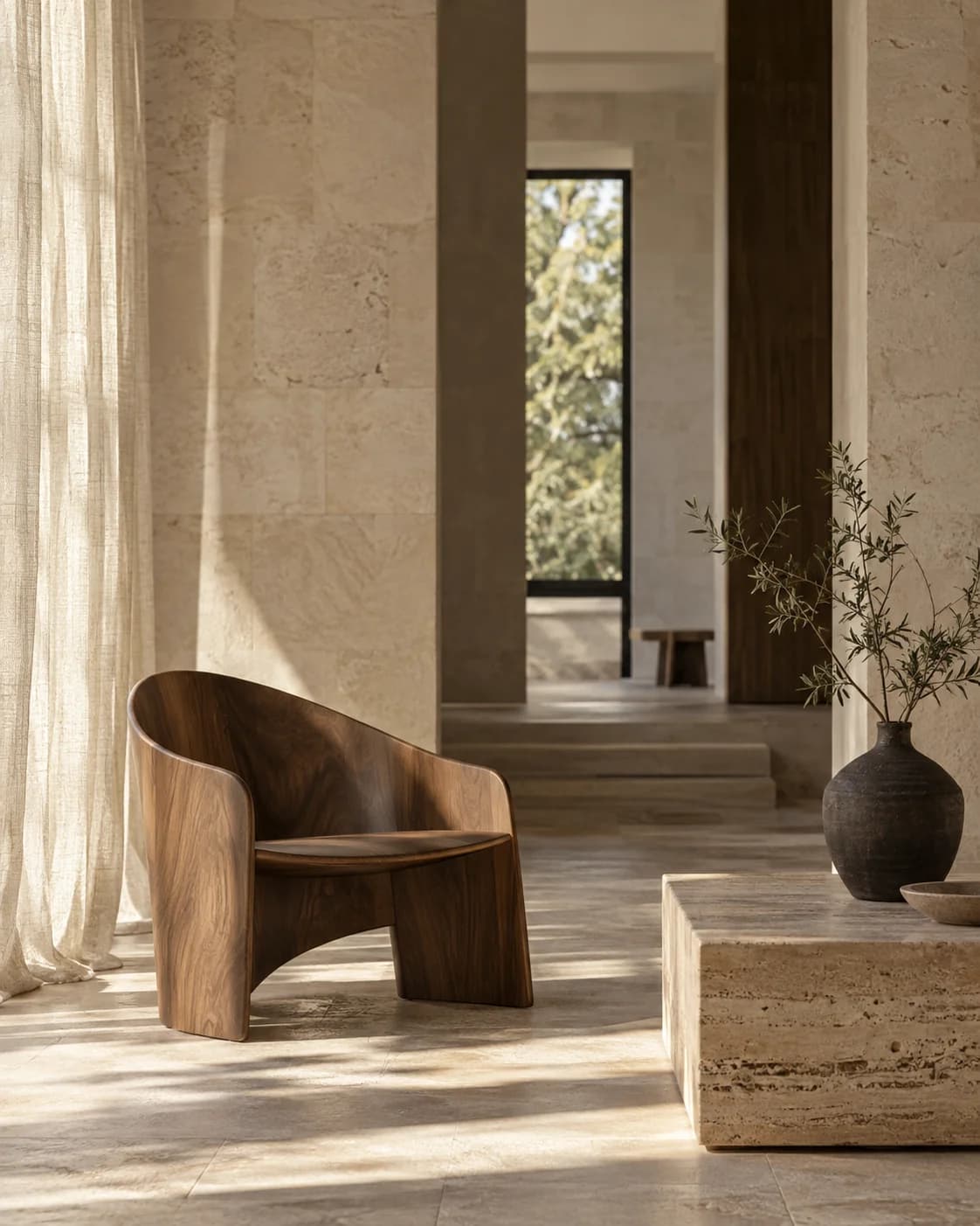 Intérieur d’inspiration : pierre claire, bois sculptural et lumière naturelle.